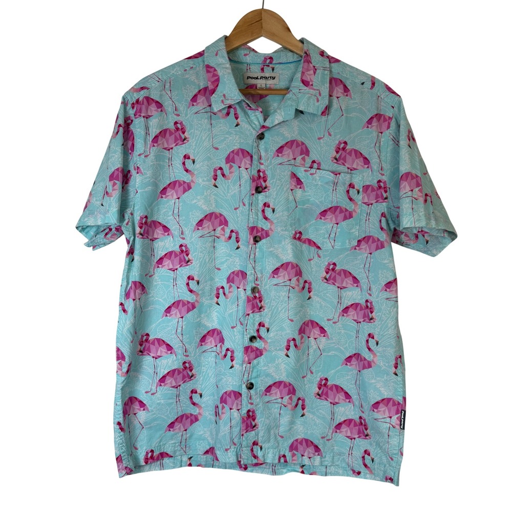 Pool Party Geometric Flamingo Pineapple Shirt Blue Mens Large Summer Button Down